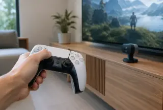 Main tenant un contrôleur de jeu devant une caméra de suivi dans un salon moderne